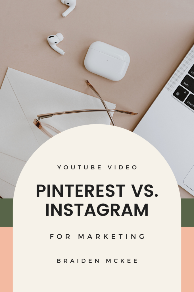 desk flatlay at top of image. bottom is a pink rectangle. a cream arch overlay is in the middle of page with text reading "pinterest vs instagram for marketing"