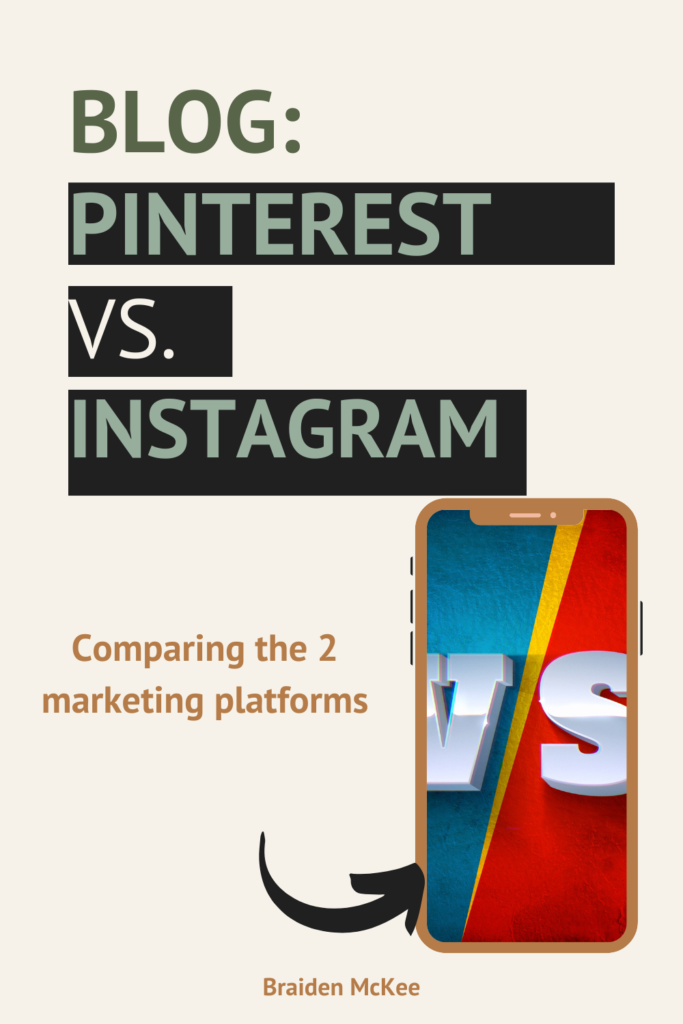 cream background with text reading "blog: pinterest vs instagram comparing the 2 platforms" arrow pointing to phone with a picture with red next to blue with VS over top