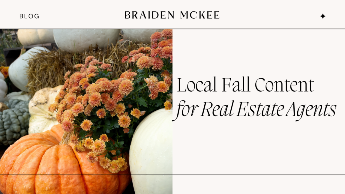 blog header with picture of fall mums and pumpkins with text reading local fall content for real estate agents